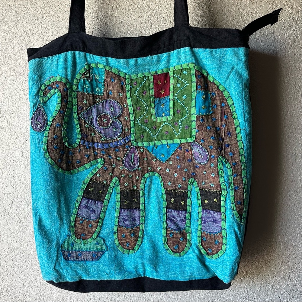 🐘 Handcrafted Elephant Tote Bag in Turquoise and Brown